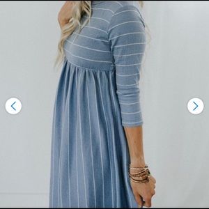 Roolee Sky Blue 3/4 Sleeve Sawyer Stripe Midi Dress